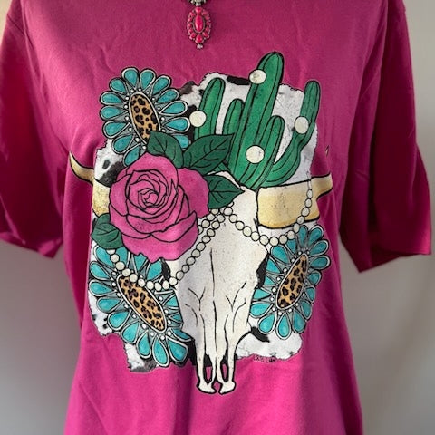 Skull Head With Cactus & Roses Graphic Tee