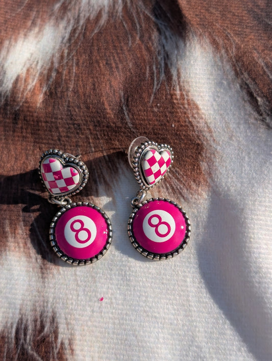 Eight Ball Pink Checker Earrings