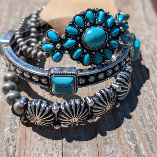 Silver &Turquoise Tri Stacked Bracelets