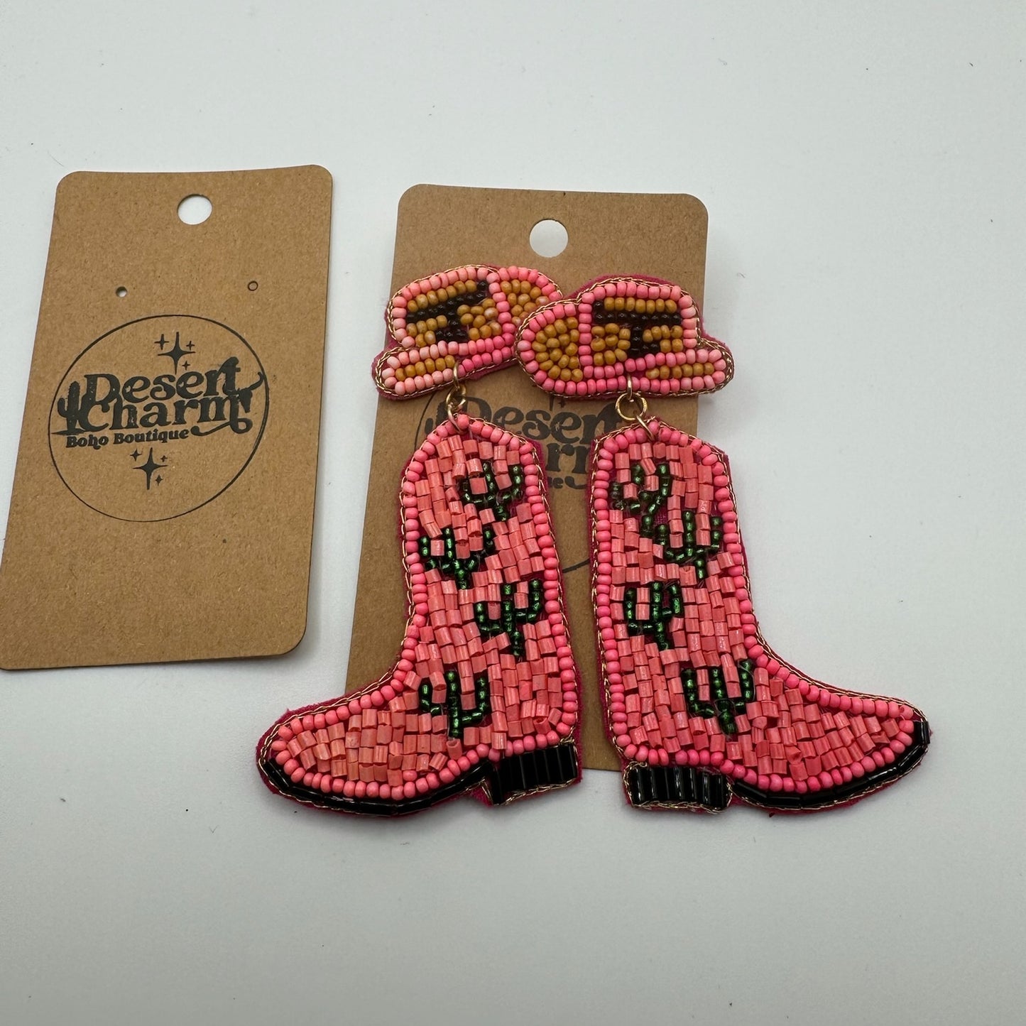 Coral Cactus Seeded Boot Earrings