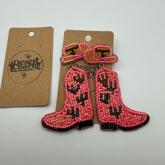Coral Cactus Seeded Boot Earrings