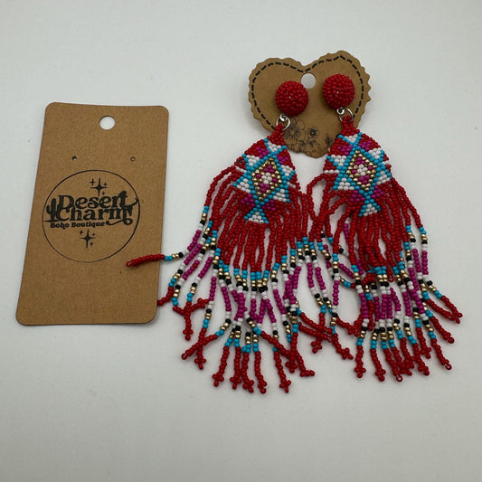 Red Beaded Dangle Seed Earrings