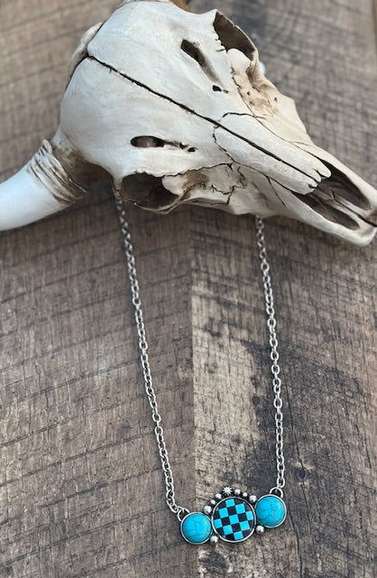 Checker Pattern Stone Necklace & Earring Set