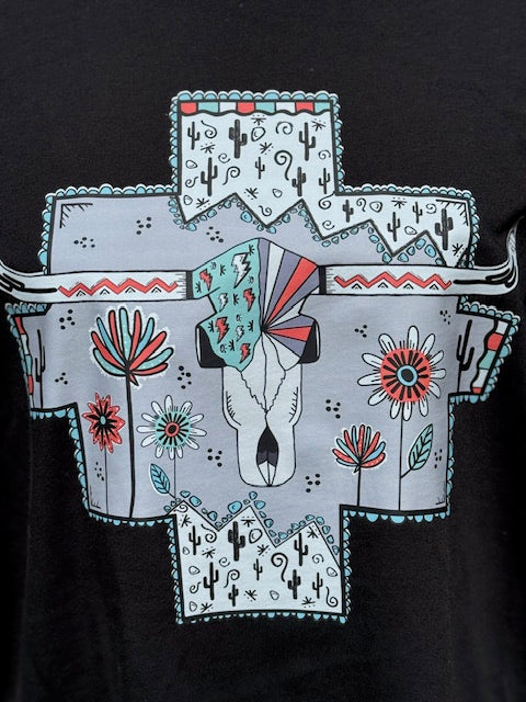 Gray Aztec Skull longhorn Graphic T shirt