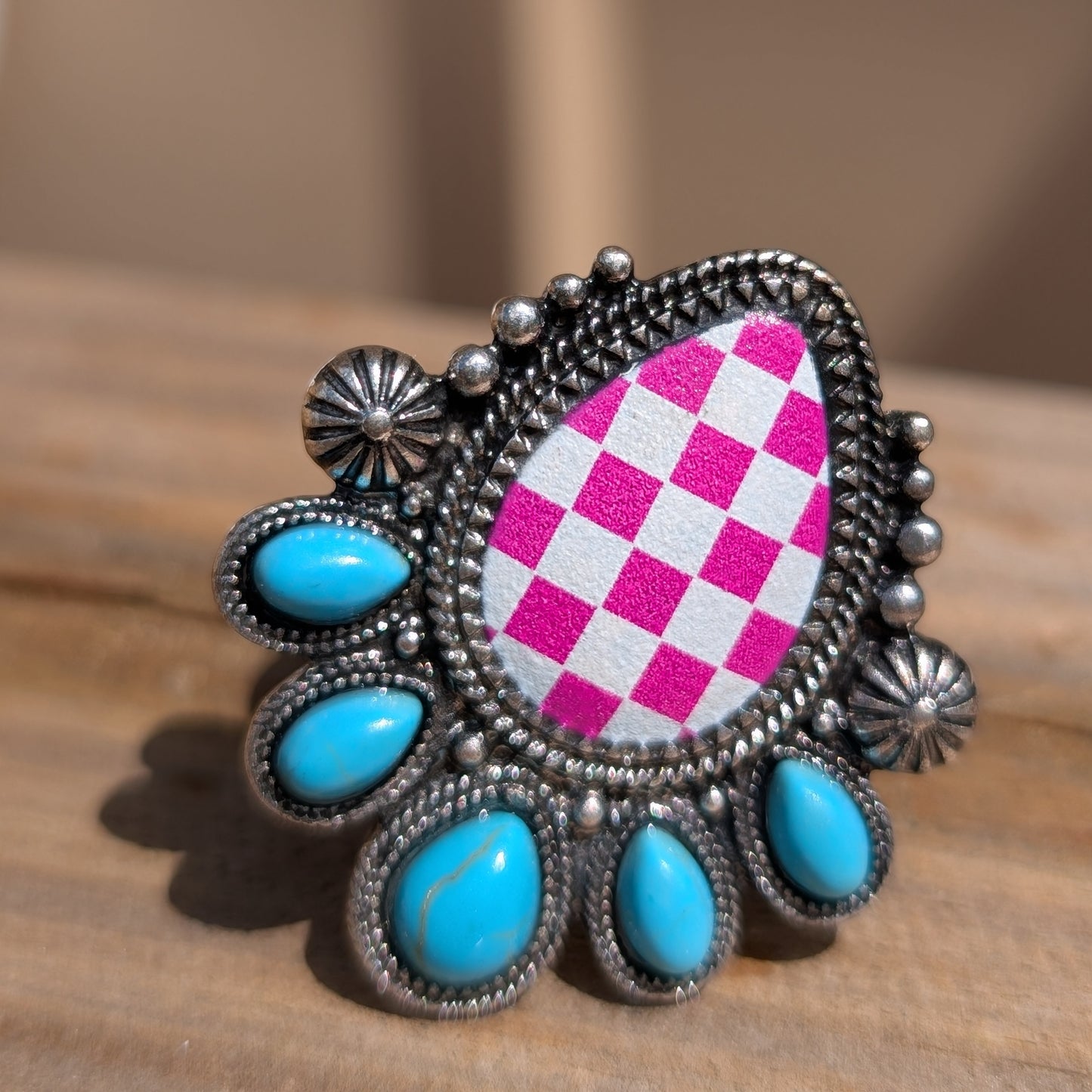 Pink Checkerboard Concho Ring