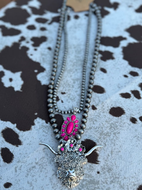 Fuschia Pink Highland Cow Necklace