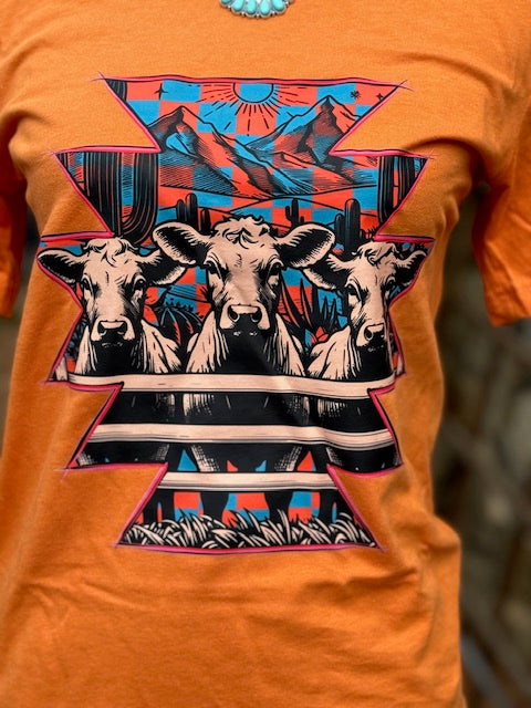 Orange Aztec Cow Graphic tshirt