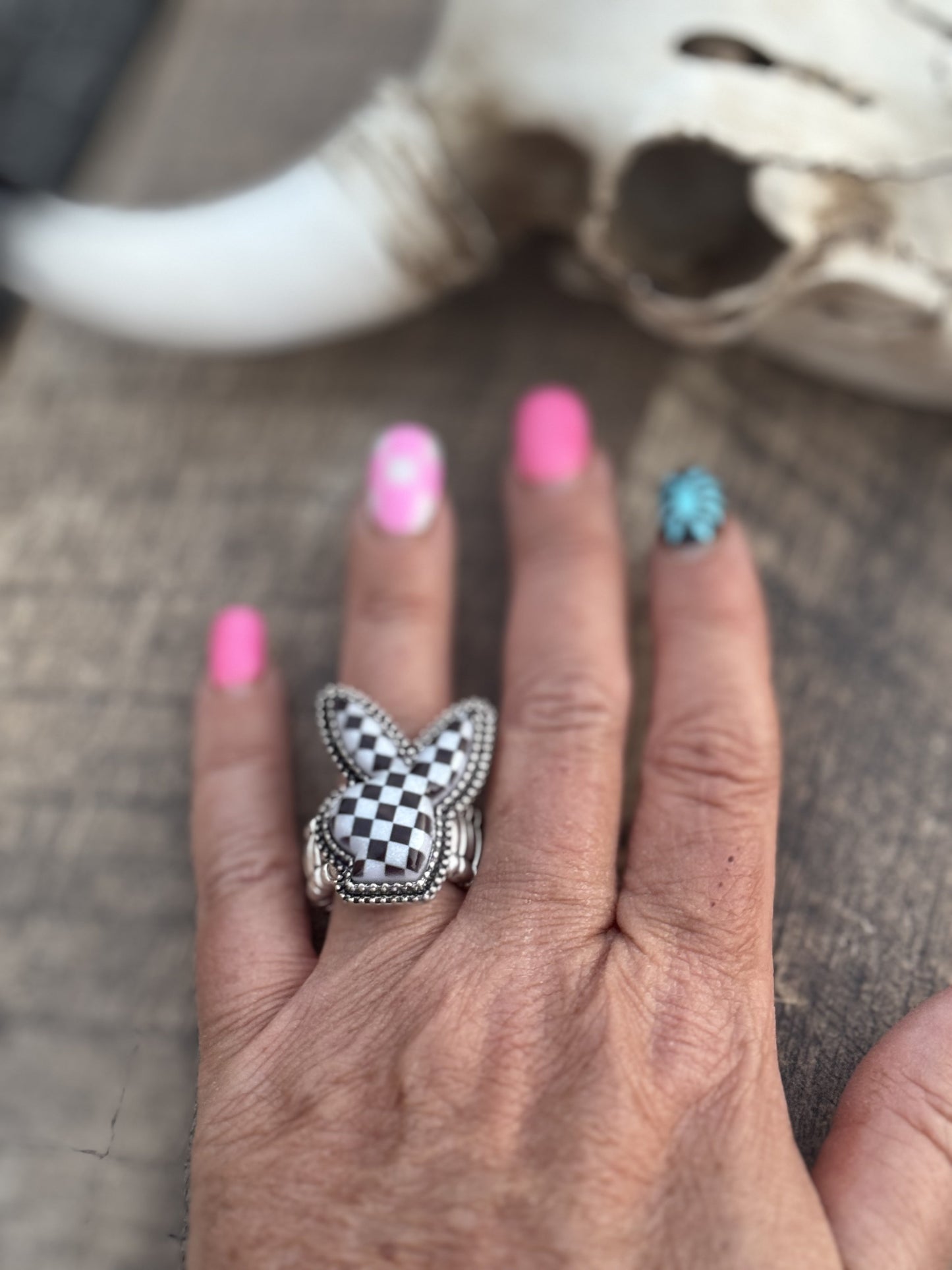 Checker board Bunny Stretch Ring